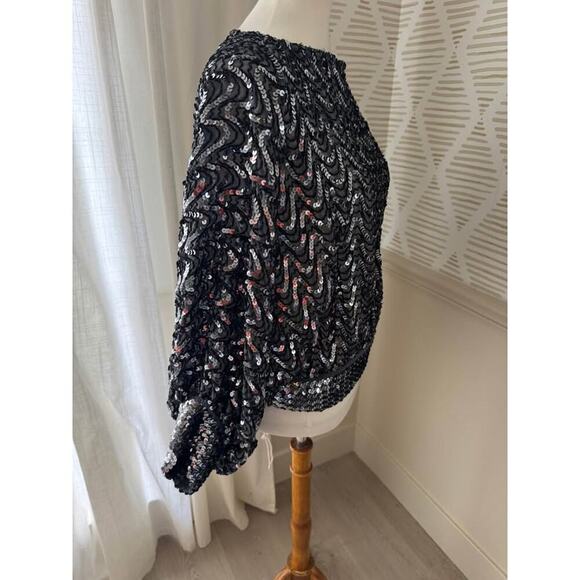 Sakowitz Medium Vintage Black & Silver Sequin Balloon Sleeve Stretchy Top - Picture 5 of 8